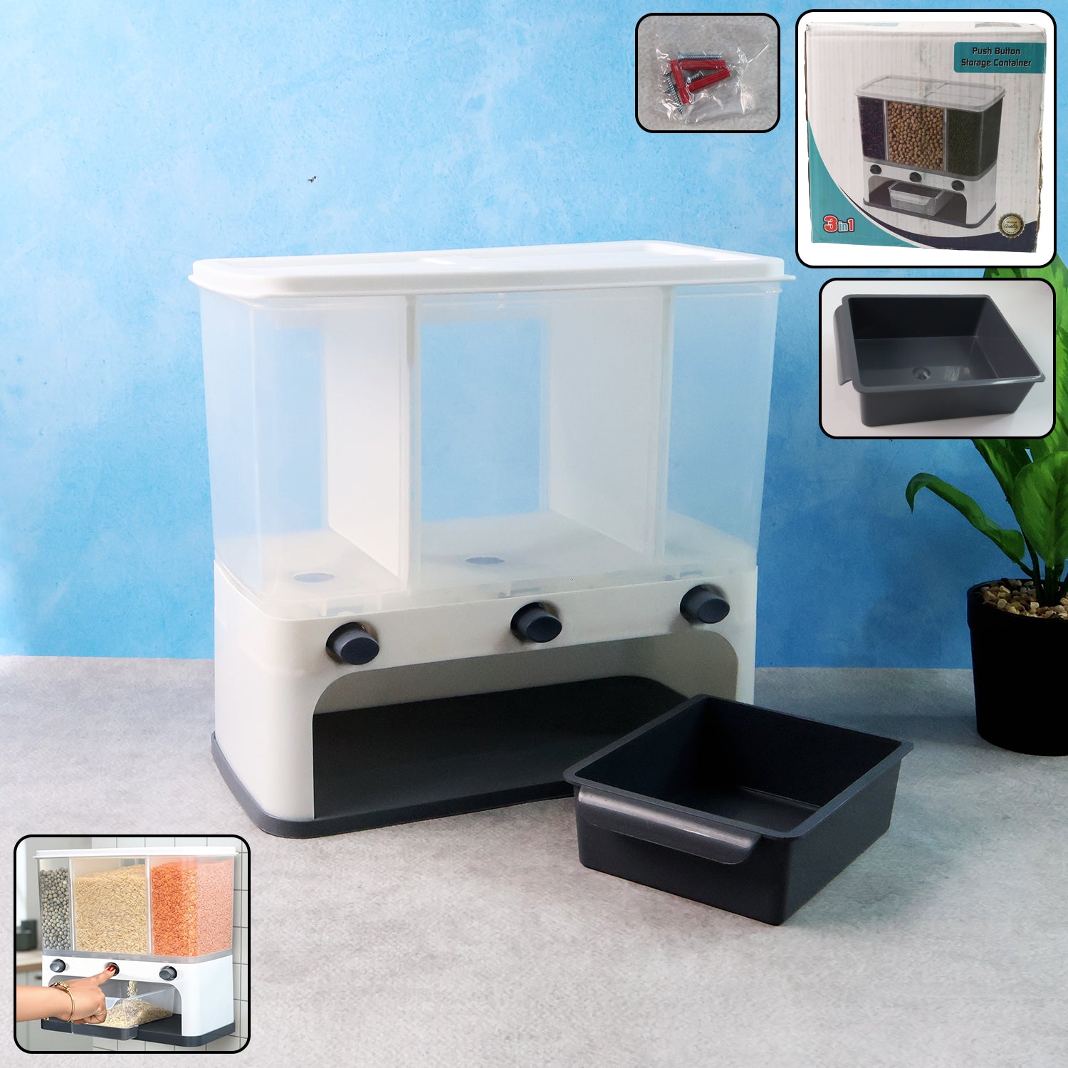 Easy Flow Cereal Dispenser For Kitchen 3 In 1 Push Button Wall Mount Container