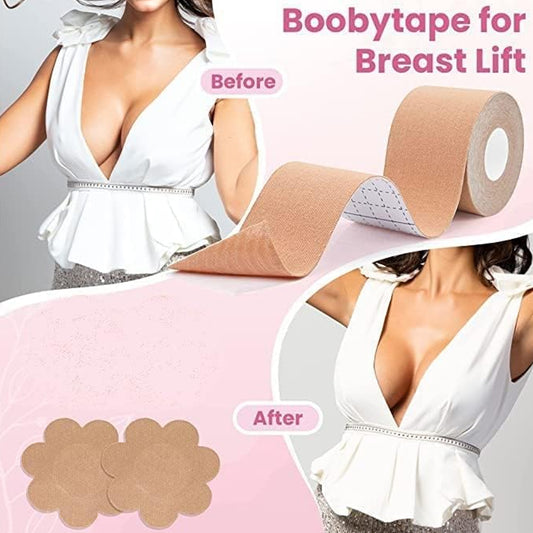 6596 Boob Tape With 10 Pairs Nipple Cover Cotton Wide Thin Breast Tape - Womens Girls Breast Lift Booby Tape - Push Up Lifting Tape - Suitable For All Breast Types - Breast Lift Bra Tape - Bob Tape For Natural Breast Lift (1 Pc 5 Meters)