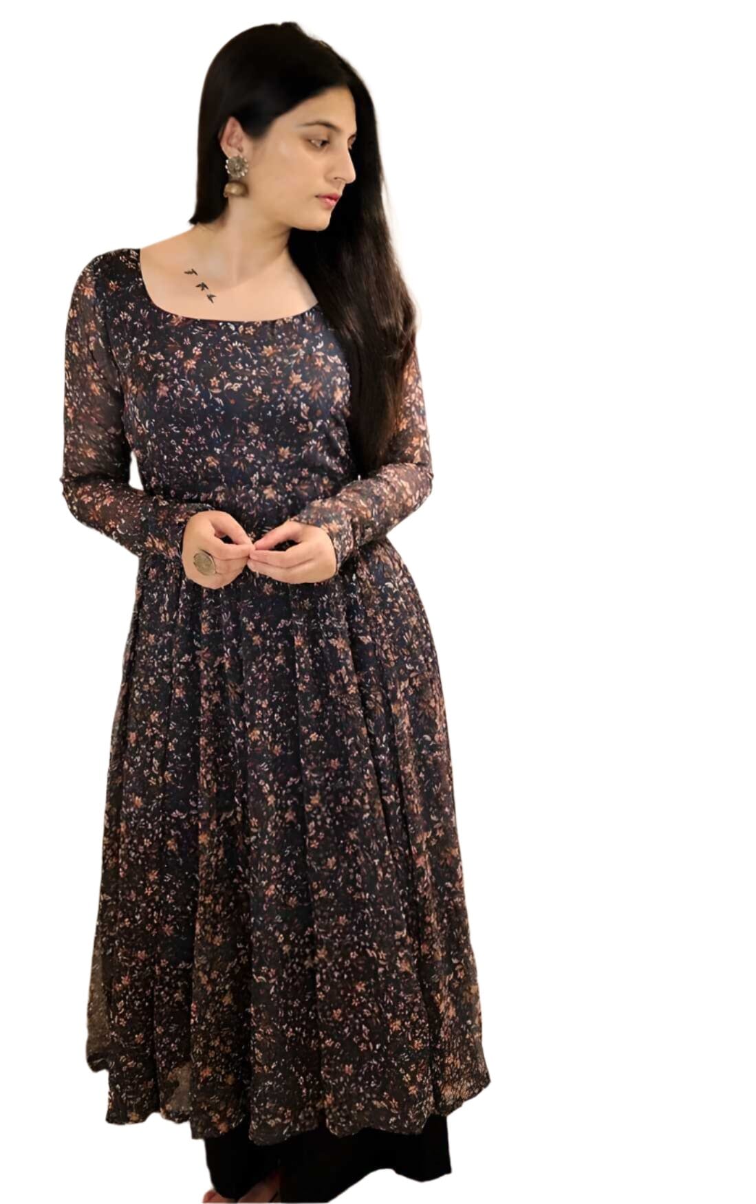 Plus Size Women's Printed Georgette Anarkali Kurti Black Georgette