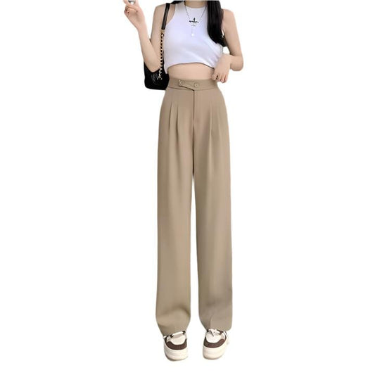 Women's Comfortable High Waist Loose Straight Wide Leg Pant Khakhi Polyester